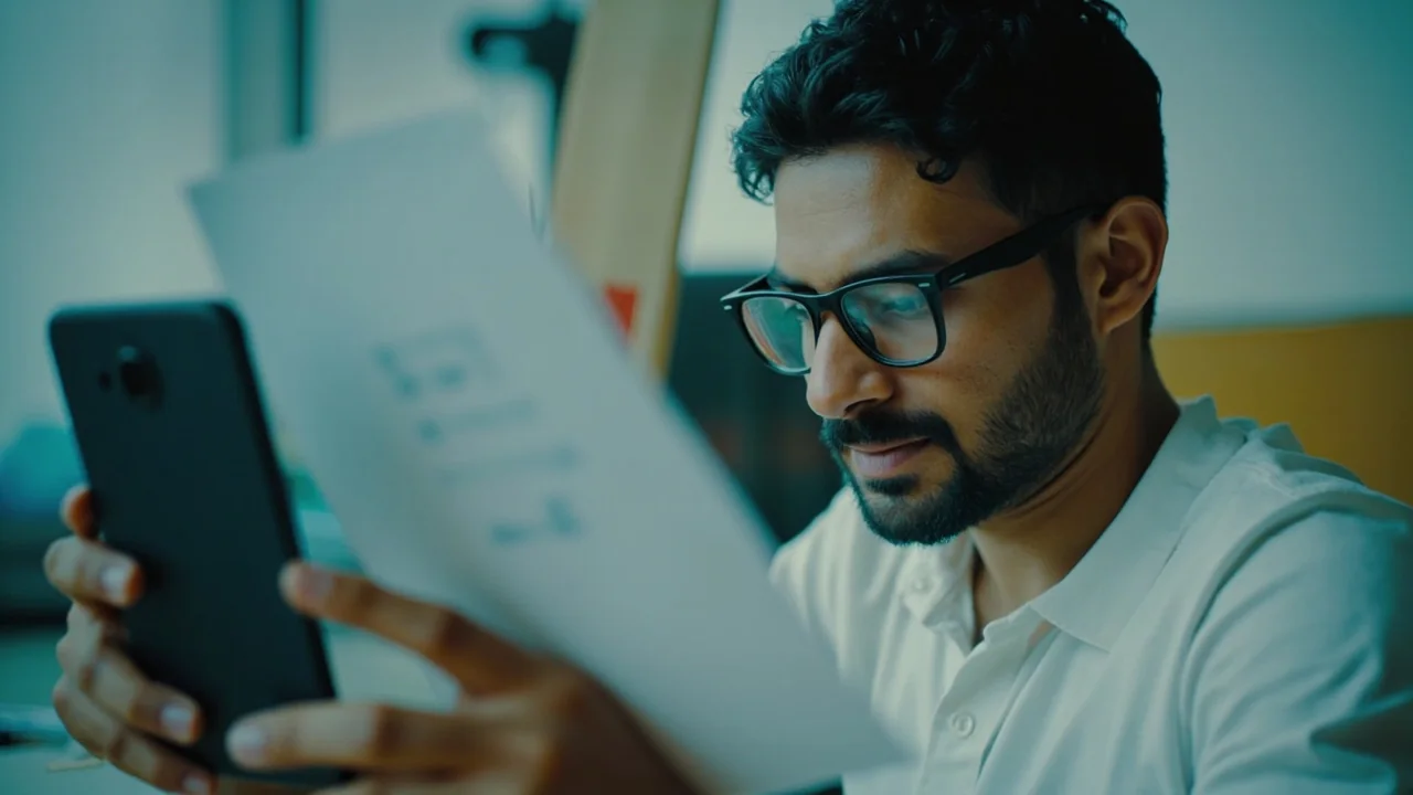 A reader at a café table going through a printed reference page with a pen in hand, marking the rollover and expiry lines.